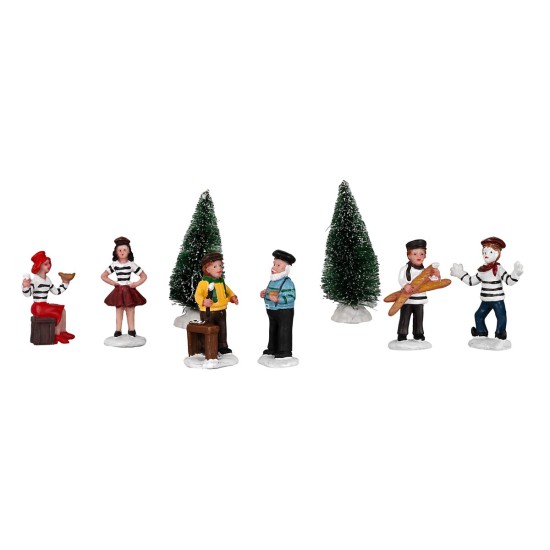 Set of figurines for Christmas Village and pine trees 8 pcs
