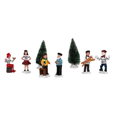Set de figuras para aldea navideña y pinos 8 piezas