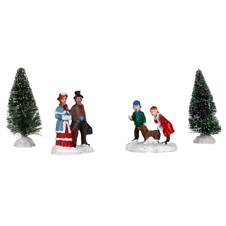 Conjunto de figuras y pinos para pueblo Navideño 4 piezas