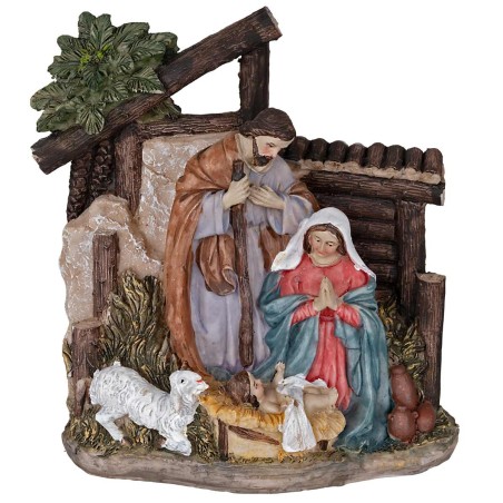 Nativity in resin with Saint Joseph, Mary kneeling, Baby Jesus in the manger, and a little sheep.