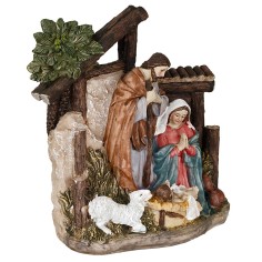 Natività  in resina con San Giuseppe, Maria inginocchiata, Gesù Bambino in culla e pecorella. 2