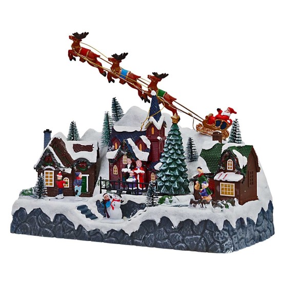 Christmas scene with Santa Claus on a sleigh pulled by reindeer