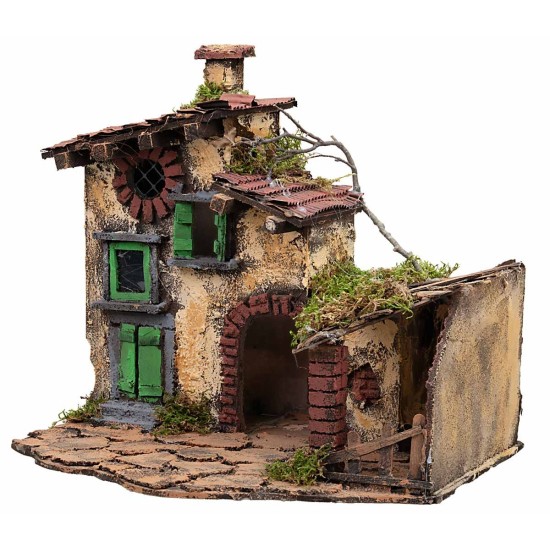 Casa con stalla illuminata cm 36x29x31 h per presepe Mondo