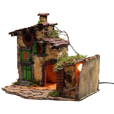 Casa con stalla illuminata cm 36x29x31 h per presepe Mondo
