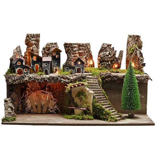 Presepe con luci e fontana funzionante cm 60x35x35 h per