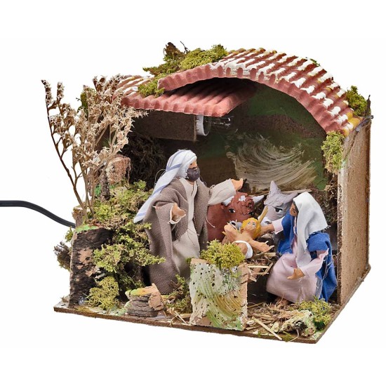 Capanna con Natività in movimento e luce 23x18x29 h per presepe