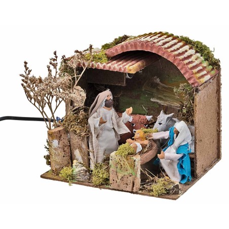 Capanna con Natività in movimento e luce 23x18x29 h per presepe