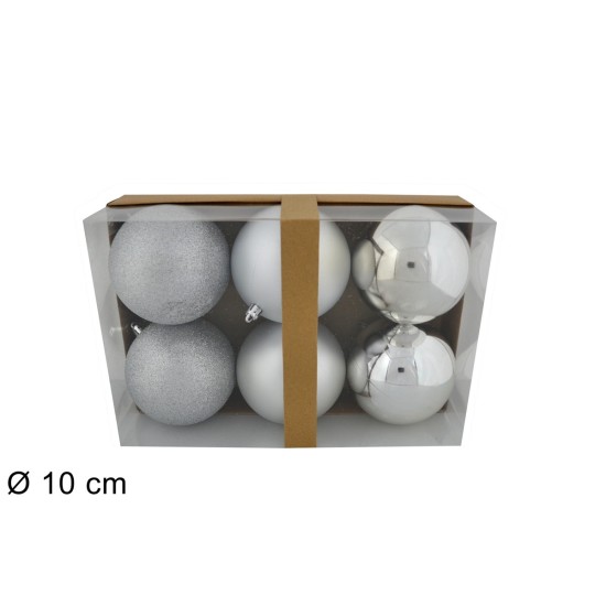 Juego de 6 bolas plateadas ø 8 cm para árbol de Navidad para belén.