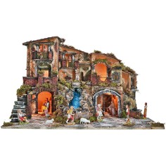 Presepe illuminato completo di statue con cascata, fontana e 2