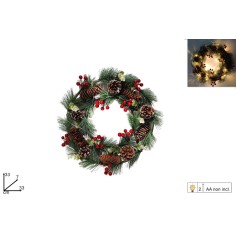 Wooden wreath with pinecones and battery-operated berries Ø