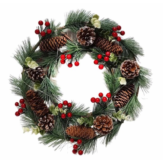 Wooden wreath with pinecones and battery-operated berries Ø