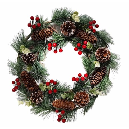 Wooden wreath with pinecones and battery-operated berries Ø