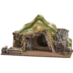 Capanna illuminata con montagne cm 57x34x33 h per presepe Mondo