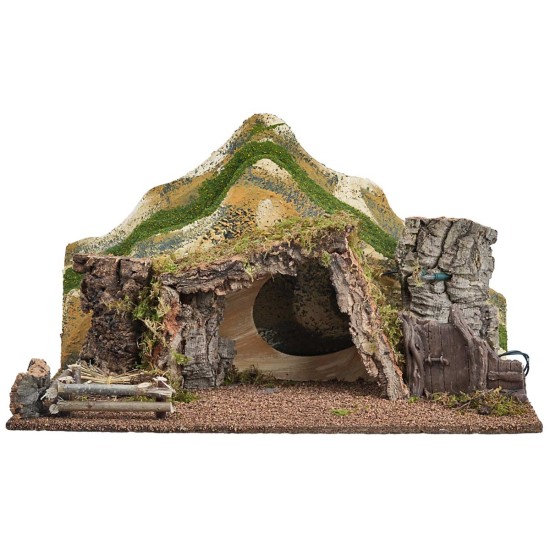 Capanna illuminata con montagne cm 57x34x33 h per presepe Mondo