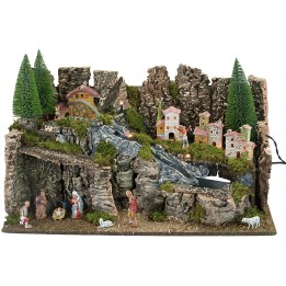 Belén completo con estatuas iluminado con molino cm 63x37x33h