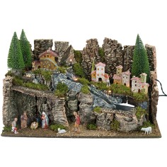 Complete nativity scene with illuminated statues and mill cm 63x37x33h