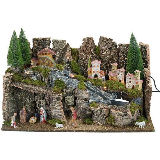 Belén completo con estatuas iluminado con molino cm 63x37x33h