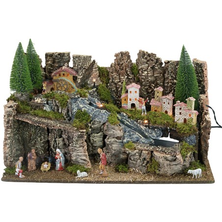 Belén completo con estatuas iluminado con molino cm 63x37x33h