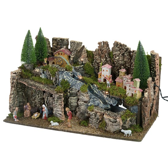 Presepe completo di statue illuminato con mulino cm 63x37x33h