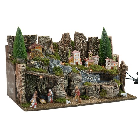 Belén completo con estatuas iluminado con molino cm 63x37x33h