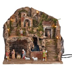 Pesebre iluminado completo con cascada y estatuas de 39x30x39h