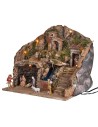 Illuminated nativity scene complete with waterfall and statues, dimensions 39x30x39 cm.