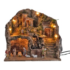 Illuminated nativity scene complete with waterfall and statues 2