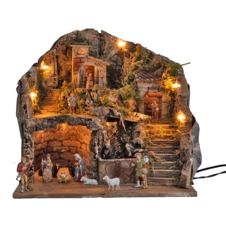Belén iluminado completo con cascada y estatuas cm 39x30x39h