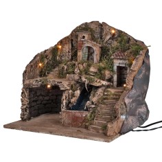 Handcrafted nativity scene with lights and waterfall, measuring 39x30x39 cm.