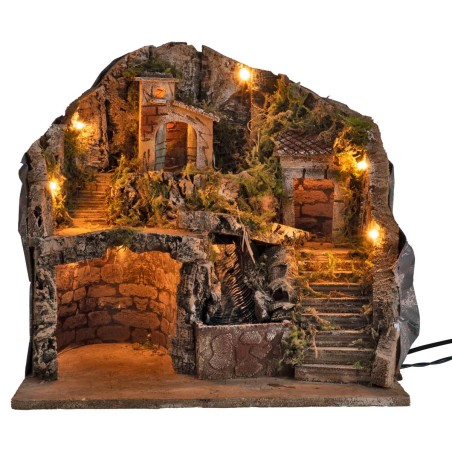 Presepe artigianale illuminato con cascata cm 39x30x39h per