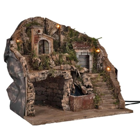 Belén artesanal iluminado con cascada de 39x30x39 cm para