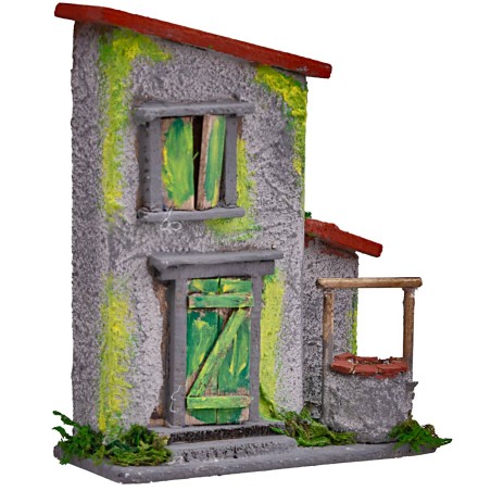 Casetta grigia e verde con pozzetto per presepe cm 10x4x12,5 h