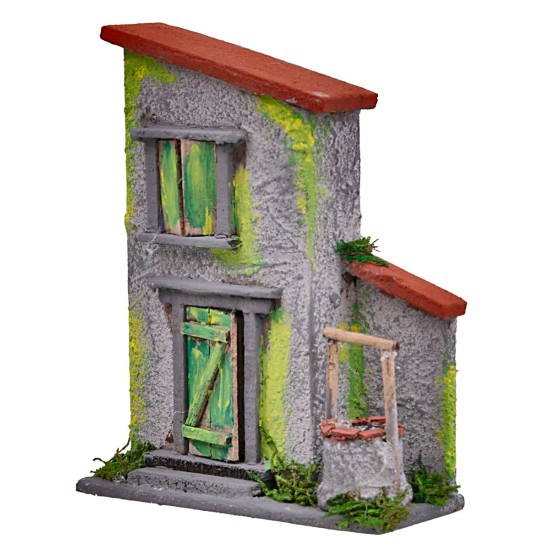 Casetta grigia e verde con pozzetto per presepe cm 10x4x12,5 h
