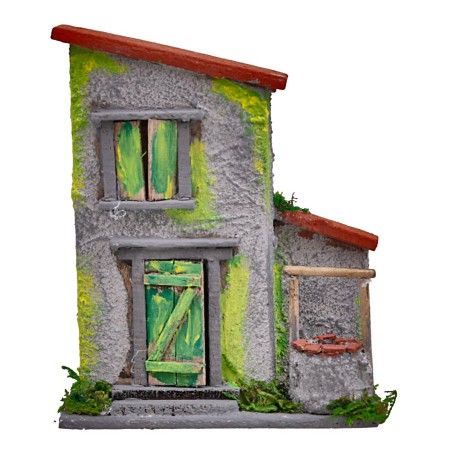 Casetta grigia e verde con pozzetto per presepe cm 10x4x12,5 h
