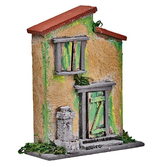 Yellow and green house with a small fountain for nativity scene, dimensions 10x4x12.5 cm (H).