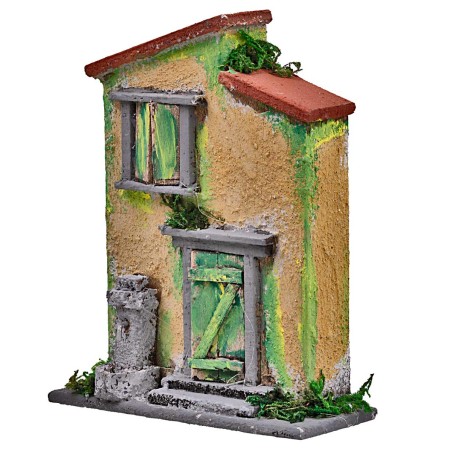 Yellow and green house with a small fountain for nativity scene, dimensions 10x4x12.5 cm (H).