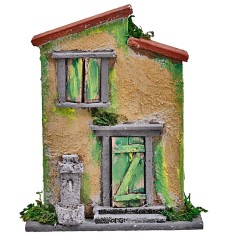 Casetta gialla e verde con fontanina per presepe cm 10x4x12,5 h