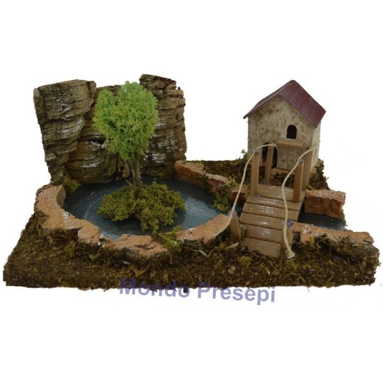 Lago effetto profondità con ponte e casa Mondo Presepi