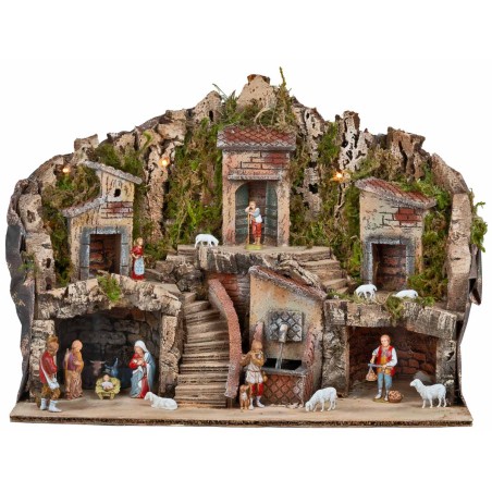 Presepe con luci e fontana funzionante completo di statue Landi