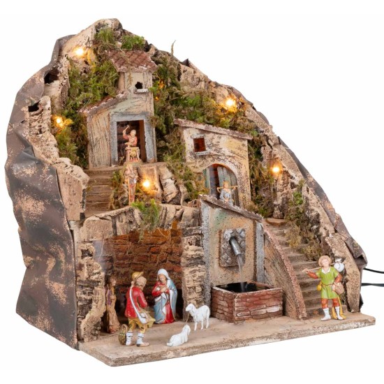 Pesebre iluminado con fuente 34x27x38h completo de estatuas