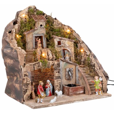 Pesebre iluminado con fuente 34x27x38h completo de estatuas