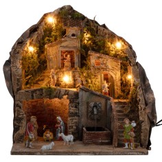 Illuminated nativity scene with fountain 34x27x38h complete 2