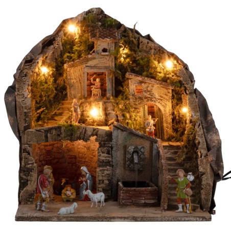 Pesebre iluminado con fuente completo de estatuas 34x27x38h para
