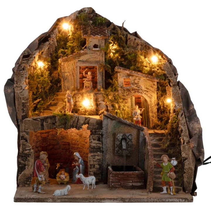 Illuminated nativity scene with fountain 34x27x38h complete with statues