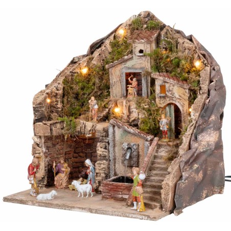 Pesebre iluminado con fuente 34x27x38h completo de estatuas