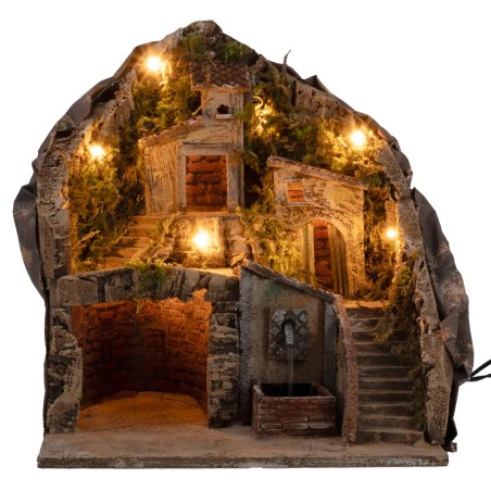 Illuminated nativity scene with fountain 34x27x38h for Mondo nativity scene