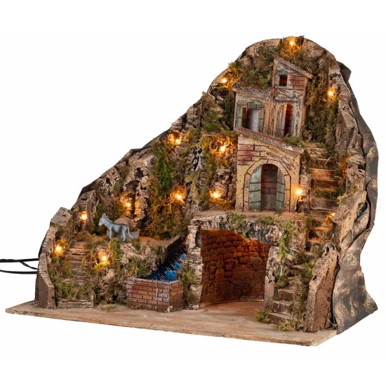 Presepe illuminato con ruscello e asino in movimento 58x40x54h