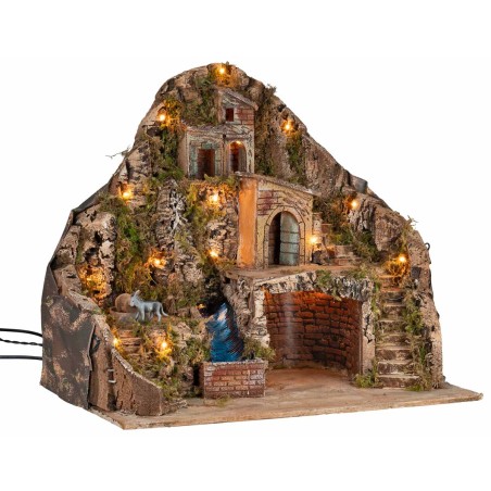 Presepe illuminato con ruscello e asino in movimento 58x40x54h