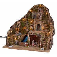 Pesebre iluminado con arroyo y burro en movimiento 58x40x54h 2