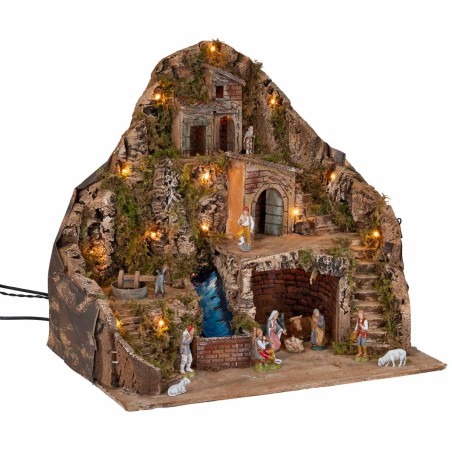 Illuminated nativity scene with stream and moving donkey